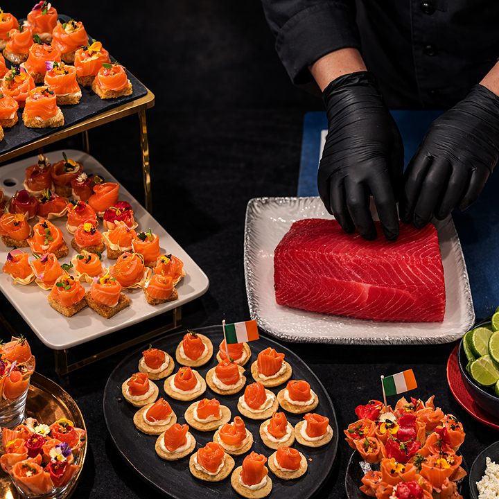 Junk Boat Party Catering Services Hong Kong: Shamrock Catering, preparing salmon canapes, tuna sashimi and assorted sushi