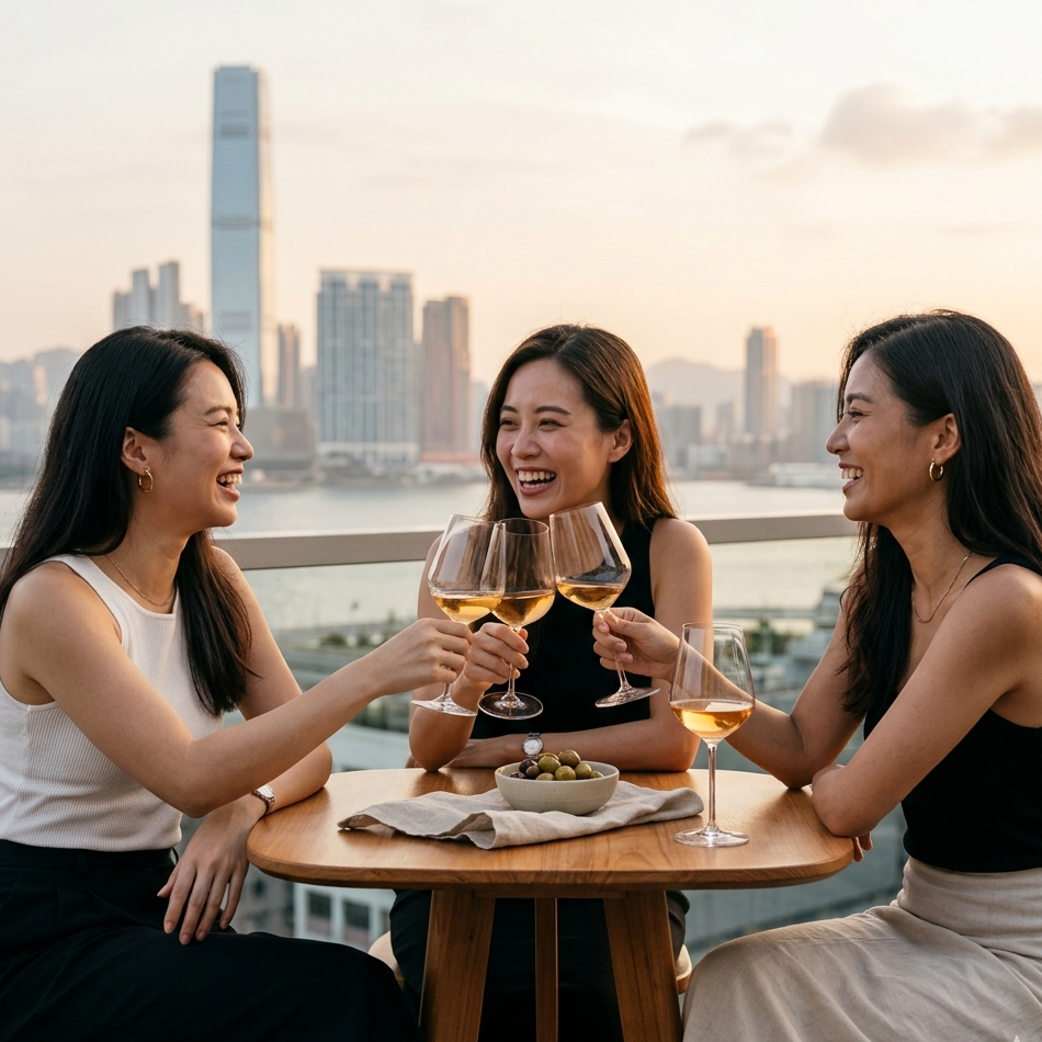 three women drinking wine and smiling in front of the hong kong skyline